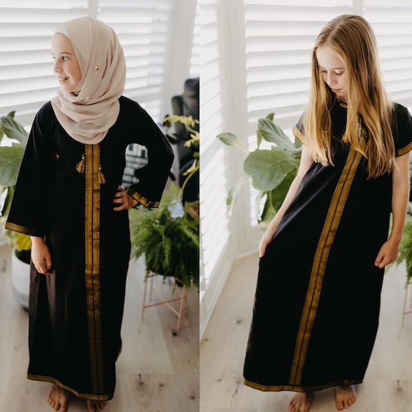 Girls black and gold abaya | Islamic dress | hijabi dress | modest gown | jalabiya | Ramadan | Eid abaya |