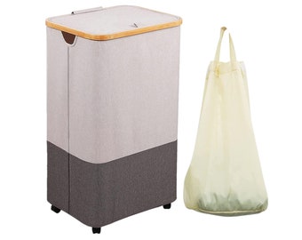 Large Laundry Hamper with Wheels - Guofa 105L Bamboo Laundry Basket with Lid, Dirty Clothes Laundry Hamper with Bamboo Handles for Bedroom