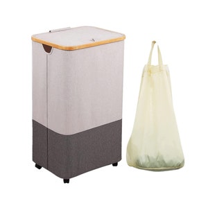 Large Laundry Hamper with Wheels - Guofa 105L Bamboo Laundry Basket with Lid, Dirty Clothes Laundry Hamper with Bamboo Handles for Bedroom