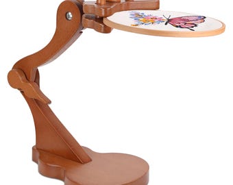 Adjustable Embroidery Stand with Violin-Shaped Base, Beech Wood Cross Stitch Hoop Holder, Tabletop Frame with Clamp for Quilting Needlework