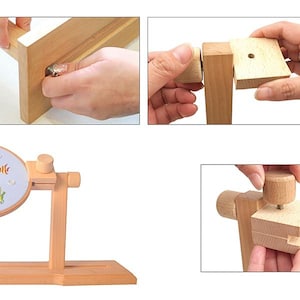 K&ouml;nnte beinhalten: Ein Holzst&auml;nder f&uuml;r einen Stickrahmen mit einem Rahmen, der ein farbenfrohes Stickmuster einer Schildkr&ouml;te und Meereslebewesen zeigt. Der St&auml;nder ist einfach zu montieren, wie die Schritt-f&uuml;r-Schritt-Anleitung auf dem Bild zeigt.