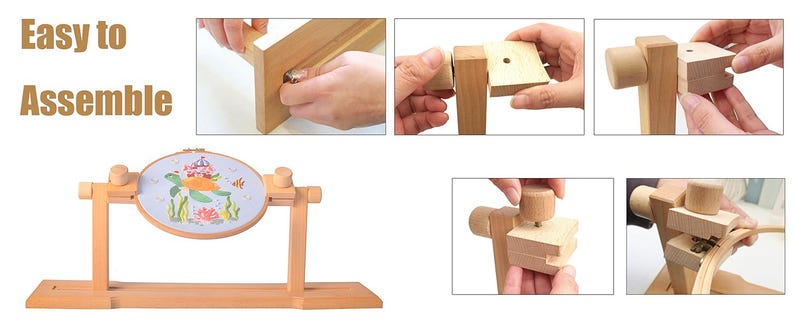 K&ouml;nnte beinhalten: Ein Holzst&auml;nder f&uuml;r einen Stickrahmen mit einem Rahmen, der ein farbenfrohes Stickmuster einer Schildkr&ouml;te und Meereslebewesen zeigt. Der St&auml;nder ist einfach zu montieren, wie die Schritt-f&uuml;r-Schritt-Anleitung auf dem Bild zeigt.
