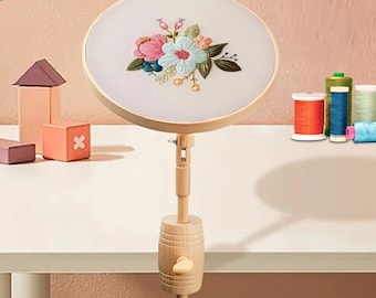 1 Set Beech Wood Embroidery Stand & 9 Inch Embroidery Hoop, Adjustable 360 Degree Rotating Table Embroidery Stand