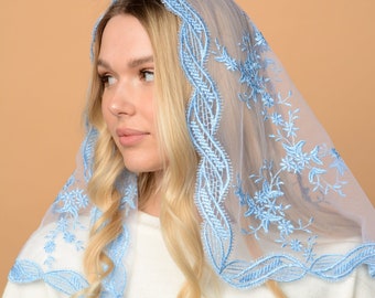 Blue Traditional Catholic d shape Mantilla , blueLace scarf, bluechurch veil