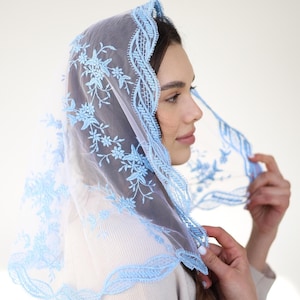 Blue Traditional Catholic d shape Mantilla veil, blue Lace scarf, black church veil 003