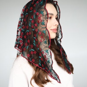 Traditional Catholic d shape Mantilla veil, floral Lace scarf, red church veil