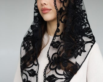 Black Triangle chapel veil, Church veil, Catholic Black lace mantilla