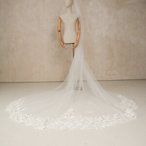 Lace veil with floral details, Bride Veil with flowers, 3D Floral Wedding Veil