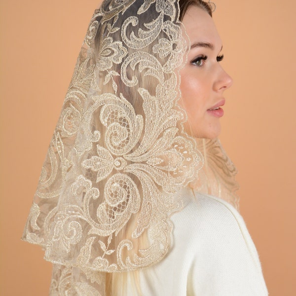Gold Catholic lace veil, Gold veil Mantilla, Faith Head Coverings Holy, Chapel Veil
