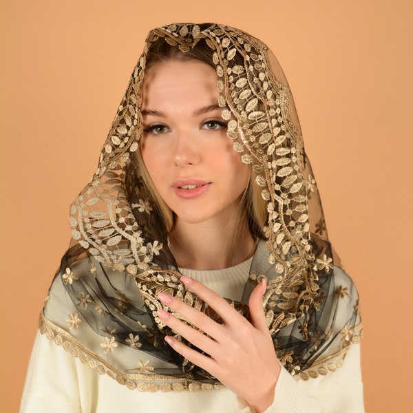 Black Infinity Mass Veil, Infinity Gold veil Mantilla, Faith Head Coverings Holy, Chapel Veils