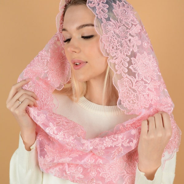 BESTSELLER Pink Infinity Veil, Pink chapel veil, Catholic head covering veil for church, Catholic lace mantilla