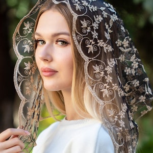 Black Triangle Veil, Lace gold Chapel Veil, latin Mass veil