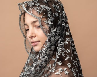 Classic infinity veil, Latin mass grey veil, Infinity Catholic veil 002