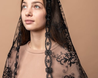 Black chapel veil, Lace Chapel Veil Mantilla,D shape Veil Latin Mass, black church veil, lace veil headcovering 006