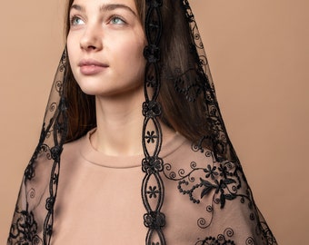 Black chapel veil, Lace Chapel Veil Mantilla,D shape Veil Latin Mass, black church veil, lace veil headcovering 006