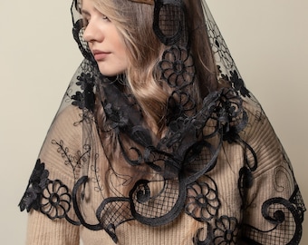 Long black chapel mantilla, Classic Catholic veil with floral lace, Our lady of Lourdes veil 013