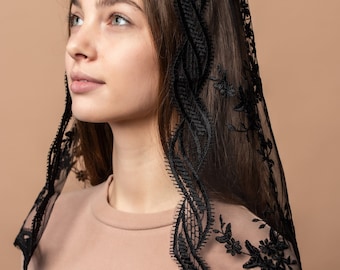 Black Traditional Catholic d shape Mantilla veil, black Lace scarf, black church veil 003