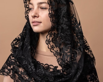 Black lace mantilla, church veil cap, lace head covering veil, Trinity Veil , Catholic Veil ,Church Veil ,Mass Veil