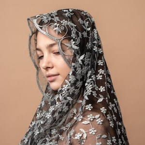 Classic infinity veil, Latin mass grey veil, Infinity Catholic veil 002
