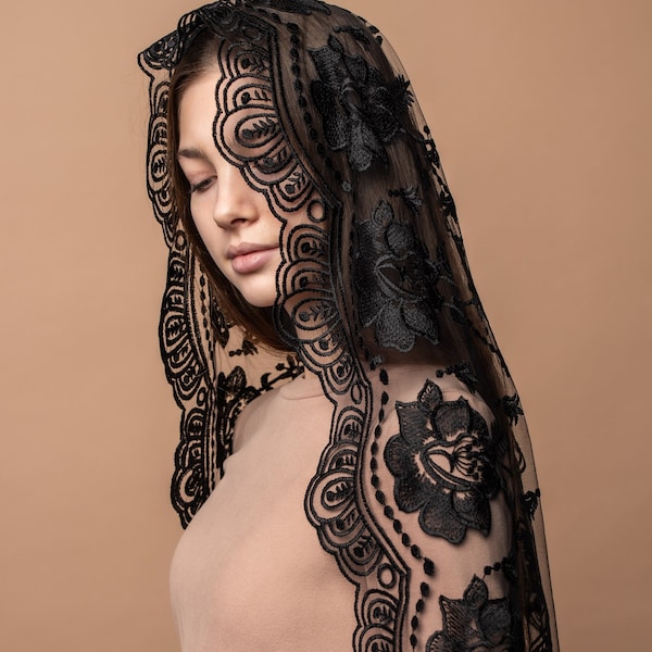 Our Lady of Guadalupe veil, Catholic chapel veil, long black chapel mantilla, Classic Catholic veil with floral lace
