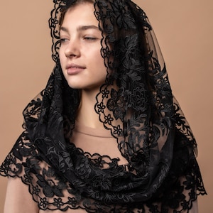 Black lace mantilla, church veil cap, lace head covering veil, Trinity Veil , Catholic Veil ,Church Veil ,Mass Veil