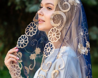 Blue Catholic head covering veil, Catholic gold lace mantilla, Veil for church