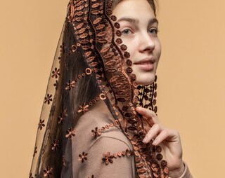 Velo Infinito In Pizzo Floreale Per Messa E Cerimonie, Rosa, 120x62 Cm, Con Clip, Per Cresima E Comunione