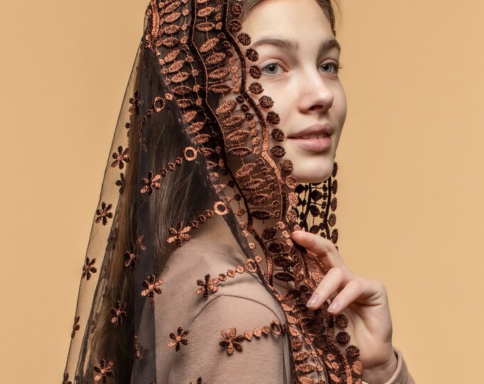 Velo Infinito In Pizzo Floreale Per Messa E Cerimonie, Rosa, 120x62 Cm, Con Clip, Per Cresima E Comunione