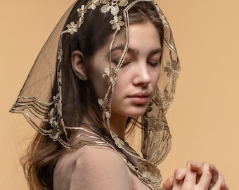 Gold Veil for church, Church gold lace, Catholic lace mantilla