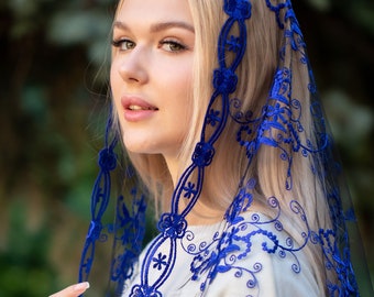 Blue Chapel veil, Long church veil, Catholic Mantilla, Blue Chapel Veil Mantilla, Blue church veil