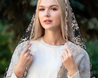 Gold  chapel veil, Lace Chapel Veil Mantilla, D shape Veil Latin Mass, black church veil, lace veil headcovering