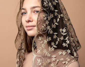 Gold Triangle Lace Veil, Lace black Chapel Veil, latin Mass veil