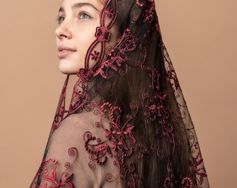 Burgundy veil for church, catholic mass veil, cathedral veil lace, Catholic Veil, Church Veil