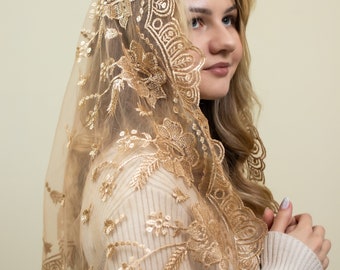 Gorgeous gold church veil,French lace veil, Chapel Veil Mantilla, d shape chapel veil, gold church veil, Our Lady of Guadalupe veil