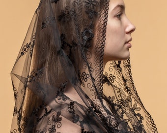 Black Catholic lace mantilla, Latin Mass Infinity veil, Church lace head covering veil