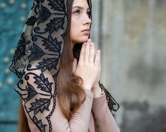 Black Triangle chapel veil, Church veil, Catholic Black lace mantilla