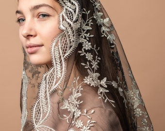 Traditional Catholic Veil, black Lace scarf, church gold veil