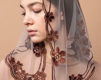Chapel brown veil with floral embroidery, Church lace head covering veil, Catholic veil