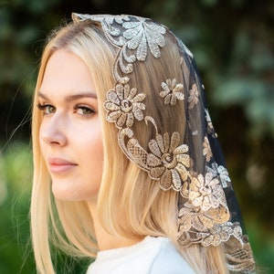 Gold Short Veil , Catholic head covering veil for church, Catholic lace mantilla