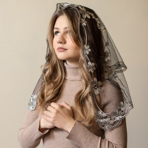 Grey chapel veil with floral embroidery, Church lace head covering veil, Catholic lace mantilla 011