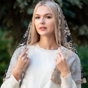 Gold  chapel veil, Lace Chapel Veil Mantilla, D shape Veil Latin Mass, black church veil, lace veil headcovering