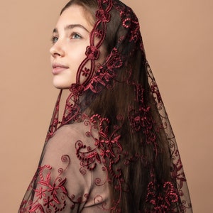 Burgundy veil for church, catholic mass veil, cathedral veil lace, Catholic Veil, Church Veil