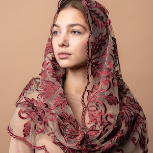 NEW!! Burgundy Mass veil, Infinity veil Mantilla, Faith Head Coverings Holy, Chapel Veils