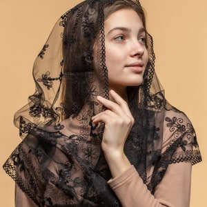 New! Black Infinity veil, Church lace head covering veil, Catholic lace mantilla