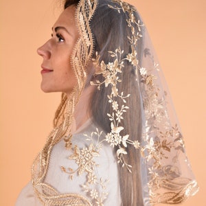 Gold Church Veil, Traditional Catholic Veil, Gold Lace scarf