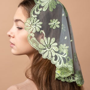 Pistachio Church Veil, Catholic head covering veil for church, Catholic lace mantilla