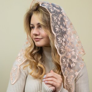 Triangle Peach Veil, Latin Mass Veil, Lace Chapel Veil Mantilla - Etsy