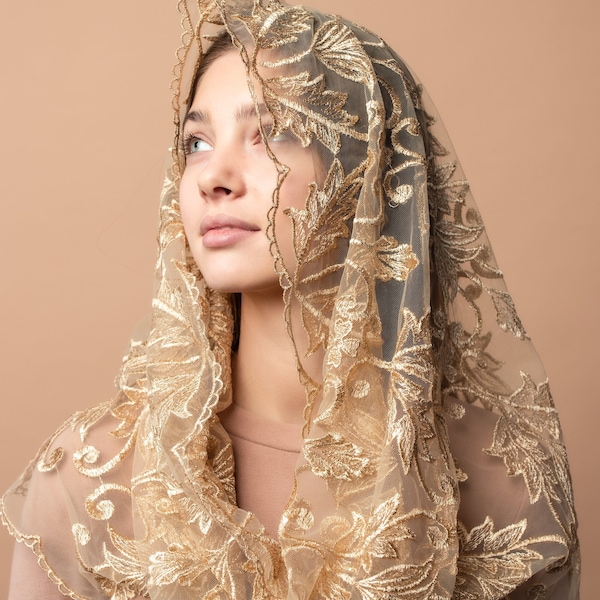 Infinity Gold Mass veil, Infinity veil Mantilla, Faith Head Coverings Holy, Chapel Veils