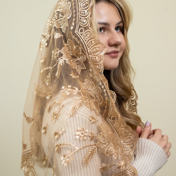 Gorgeous gold church veil,French lace veil, Chapel Veil Mantilla, d shape chapel veil, gold church veil, Our Lady of Guadalupe veil