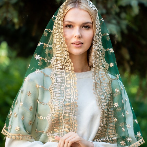 NEW!! Green Mass veil, Infinity veil Mantilla, Faith Head Coverings Holy, Chapel Veils